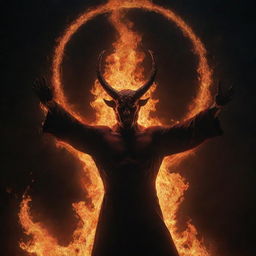 Satan, encircled by towering, vivid flames. His hands still raised high, he gazes upward with a complex expression. The firelight casts ominous shadows on his face, creating a dramatic visual.