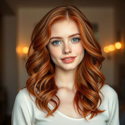 A young woman with wavy red hair, fair skin, bright blue eyes, and full lips