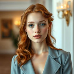 A young woman with wavy red hair, fair skin, bright blue eyes, and full lips