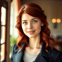 A young woman with wavy red hair, fair skin, bright blue eyes, and full lips