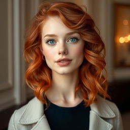 A young woman with wavy red hair, fair skin, bright blue eyes, and full lips