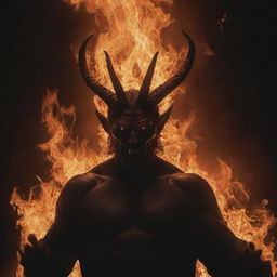 Satan, encircled by towering, vivid flames. His hands still raised high, he gazes upward with a complex expression. The firelight casts ominous shadows on his face, creating a dramatic visual.