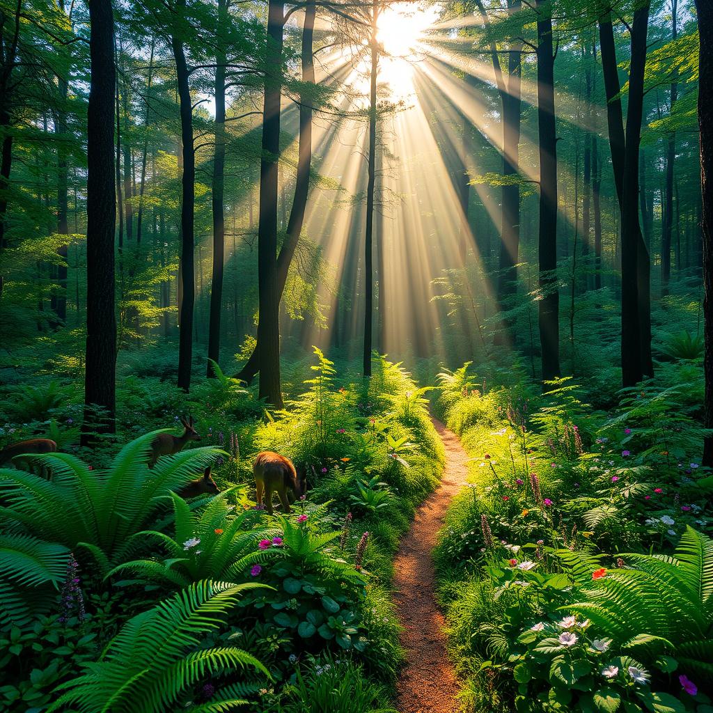 A serene forest at dawn, with rays of sunlight filtering through the dense canopy of trees