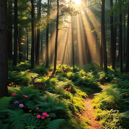 A serene forest at dawn, with rays of sunlight filtering through the dense canopy of trees