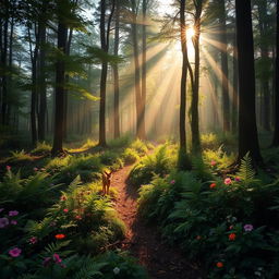 A serene forest at dawn, with rays of sunlight filtering through the dense canopy of trees