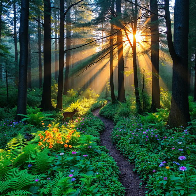 A serene forest at dawn, with rays of sunlight filtering through the dense canopy of trees