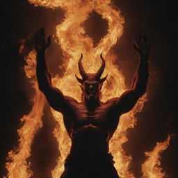 Satan, encircled by towering, vivid flames. His hands still raised high, he gazes upward with a complex expression. The firelight casts ominous shadows on his face, creating a dramatic visual.