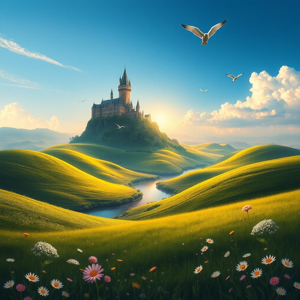 An elegant fantasy landscape featuring rolling green hills with dotted wildflowers under a clear blue sky