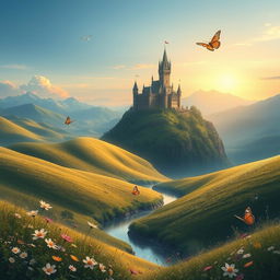 An elegant fantasy landscape featuring rolling green hills with dotted wildflowers under a clear blue sky