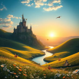 An elegant fantasy landscape featuring rolling green hills with dotted wildflowers under a clear blue sky