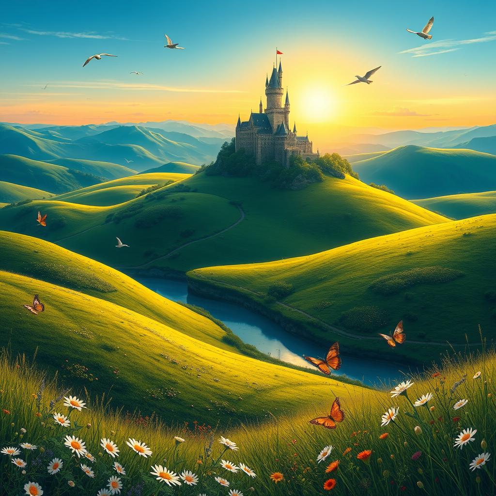 An elegant fantasy landscape featuring rolling green hills with dotted wildflowers under a clear blue sky