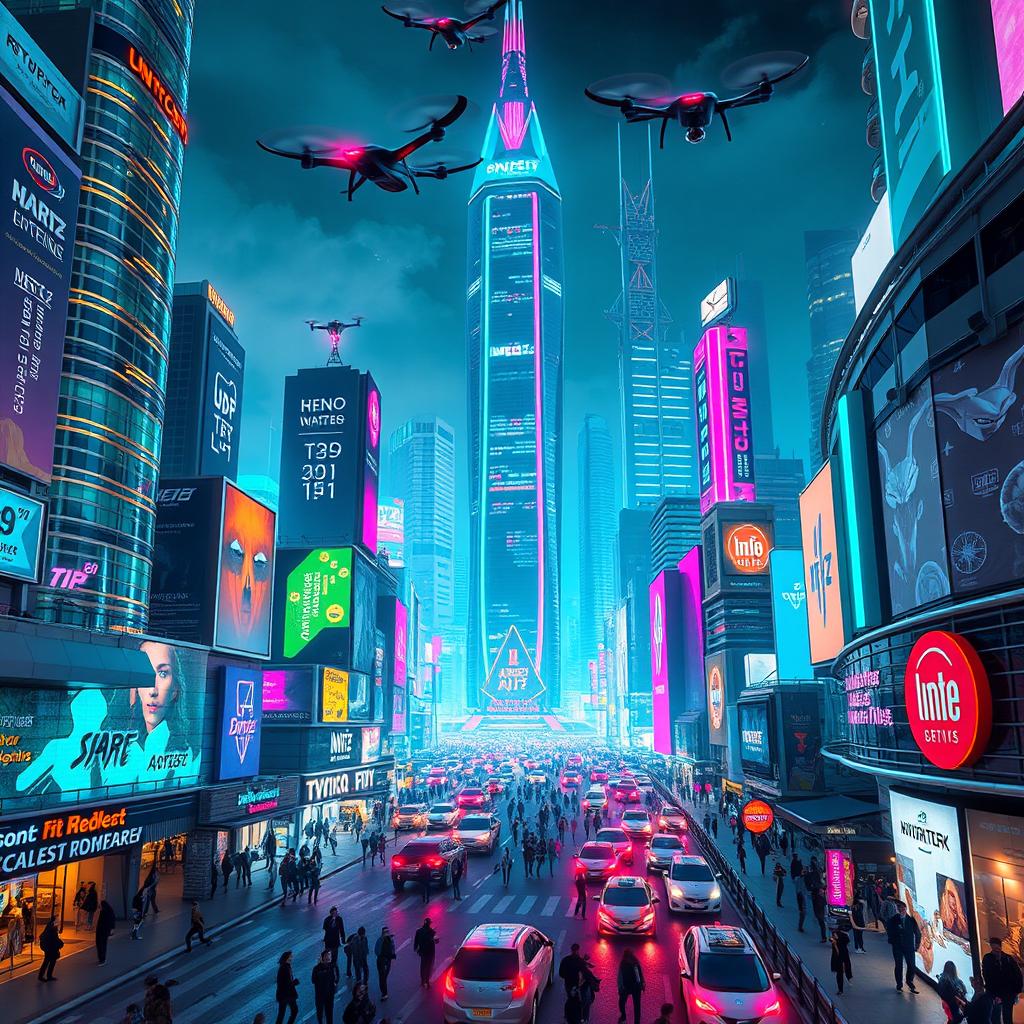 A futuristic cityscape with vibrant neon lights, towering skyscrapers, and bustling streets filled with people and flying cars