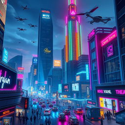 A futuristic cityscape with vibrant neon lights, towering skyscrapers, and bustling streets filled with people and flying cars