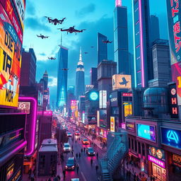 A futuristic cityscape with vibrant neon lights, towering skyscrapers, and bustling streets filled with people and flying cars