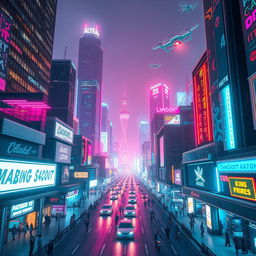 A futuristic cityscape with vibrant neon lights, towering skyscrapers, and bustling streets filled with people and flying cars