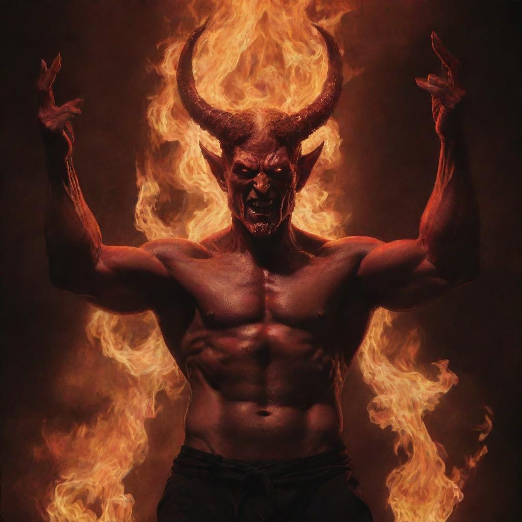 A beautiful, red Satan, encircled by relentless flames. His hands up in a grand gesture, gazing passionately upwards, the firelight highlighting his rich crimson complexion, making for a captivating and aesthetically pleasing scene.