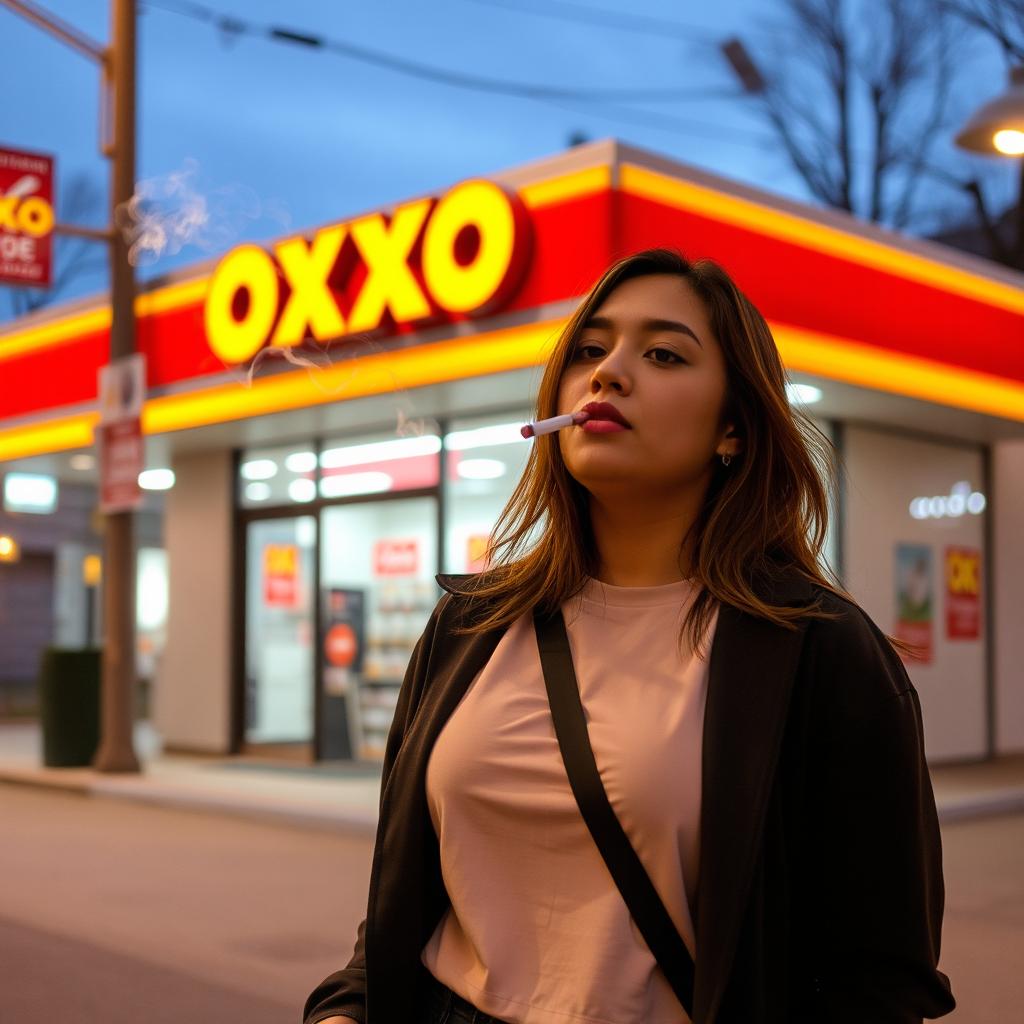 A person named Paula, standing casually outside an Oxxo convenience store, smoking in a nonchalant manner