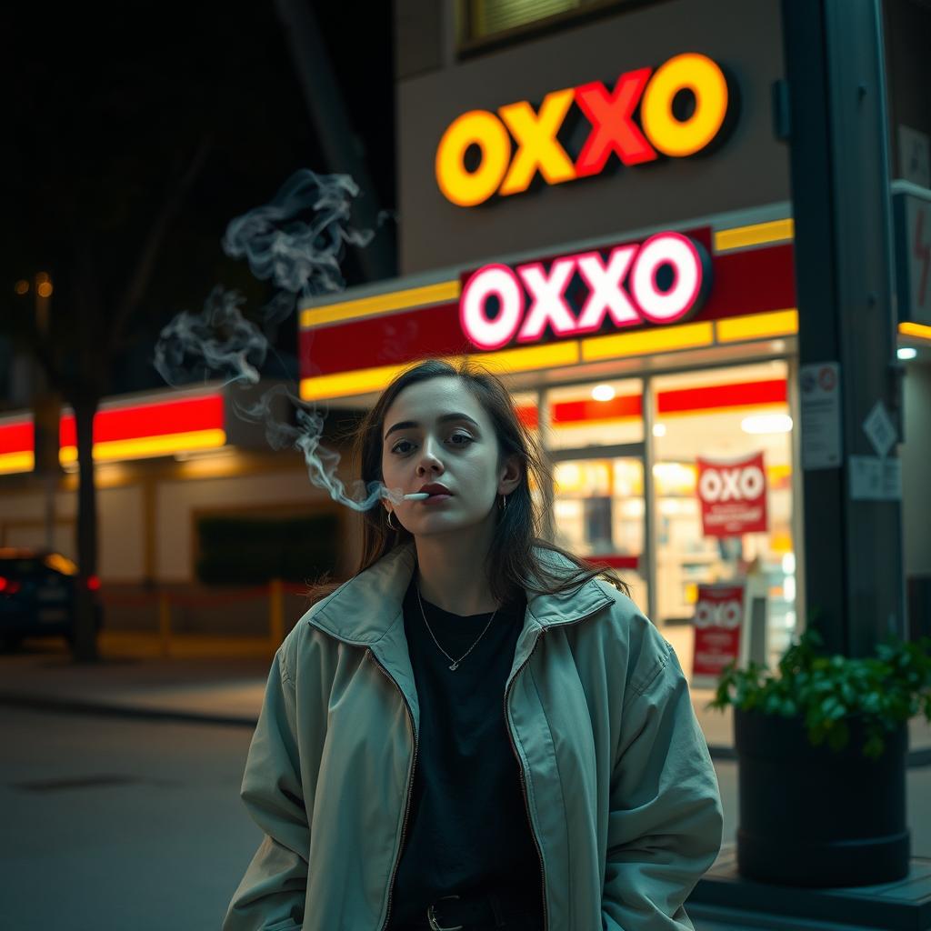 A person named Paula, standing casually outside an Oxxo convenience store, smoking in a nonchalant manner