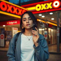 A person named Paula, standing casually outside an Oxxo convenience store, smoking in a nonchalant manner