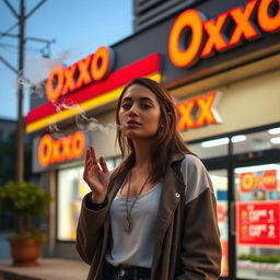 A person named Paula, standing casually outside an Oxxo convenience store, smoking in a nonchalant manner