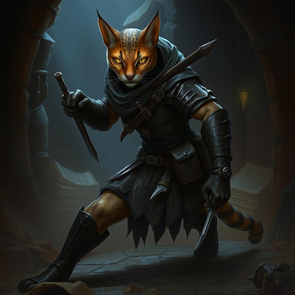 A stealthy and agile Tabaxi rogue, poised in a dynamic and secretive stance