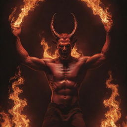 A beautiful, red Satan, encircled by relentless flames. His hands up in a grand gesture, gazing passionately upwards, the firelight highlighting his rich crimson complexion, making for a captivating and aesthetically pleasing scene.