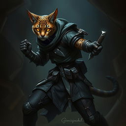 A stealthy and agile Tabaxi rogue, poised in a dynamic and secretive stance