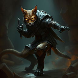 A stealthy and agile Tabaxi rogue, poised in a dynamic and secretive stance