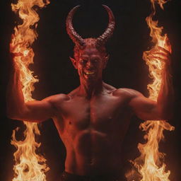 A beautiful, red Satan, encircled by relentless flames. His hands up in a grand gesture, gazing passionately upwards, the firelight highlighting his rich crimson complexion, making for a captivating and aesthetically pleasing scene.