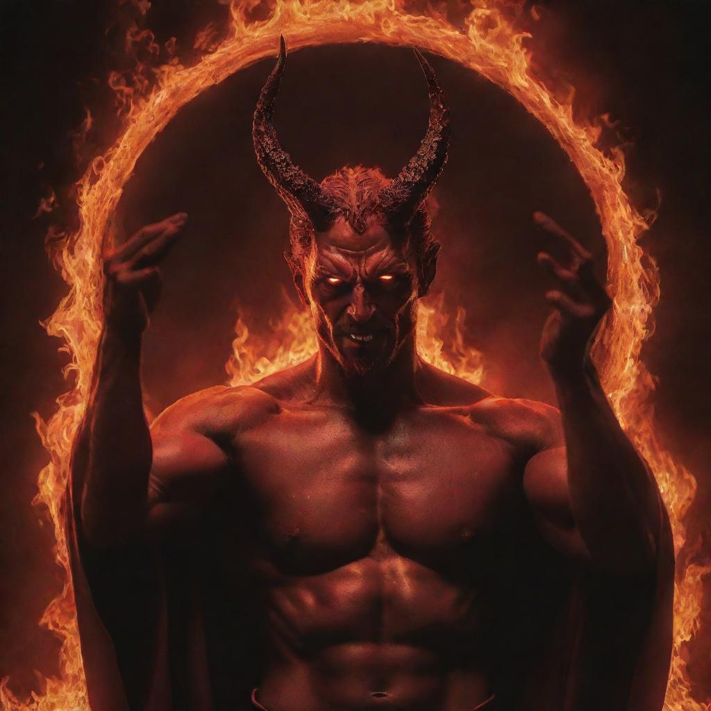 A beautiful, red Satan, encircled by relentless flames. His hands up in a grand gesture, gazing passionately upwards, the firelight highlighting his rich crimson complexion, making for a captivating and aesthetically pleasing scene.