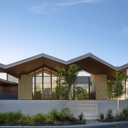 An architectural view of a uniquely designed home boasting two separate roof sections.