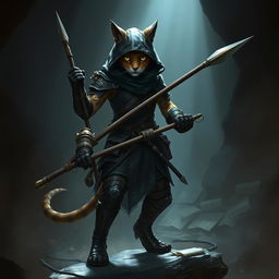 A stealthy and agile Tabaxi rogue, poised in a dynamic and secretive stance, holding a sleek, finely crafted spear in their hands