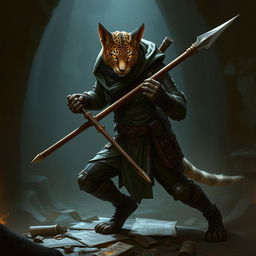 A stealthy and agile Tabaxi rogue, poised in a dynamic and secretive stance, holding a sleek, finely crafted spear in their hands