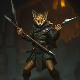 A stealthy and agile Tabaxi rogue, poised in a dynamic and secretive stance, holding a sleek, finely crafted spear in their hands