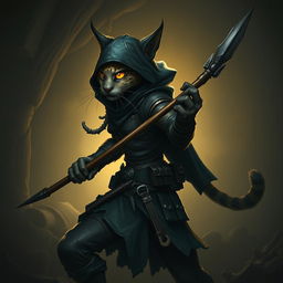 A stealthy and agile Tabaxi rogue, poised in a dynamic and secretive stance, holding a sleek, finely crafted spear in their hands