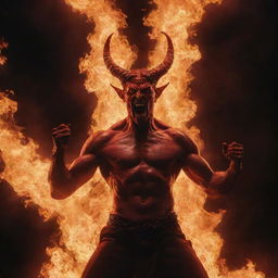 A beautiful, red Satan, surrounded by roaring flames. His hands reach for the sky as he looks upward in wonder or defiance. The sadistic scene is illuminated by the leaps of fire, casting dramatic light on his mesmerizing visage.