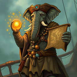 A seasoned sailor who is a bipedal Loxodon, an elephant-like humanoid from Dungeons and Dragons, depicted as a Circle of the Stars druid and navigator for a pirate ship crew