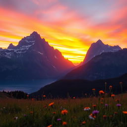 A serene landscape showcasing a breathtaking mountain range during sunset