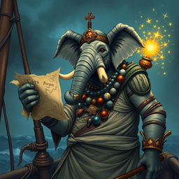 A seasoned sailor who is a bipedal Loxodon, an elephant-like humanoid from Dungeons and Dragons, depicted as a Circle of the Stars druid and navigator for a pirate ship crew