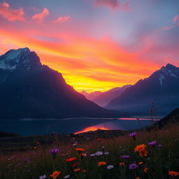 A serene landscape showcasing a breathtaking mountain range during sunset