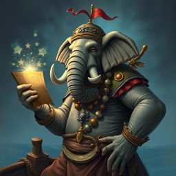 A seasoned sailor who is a bipedal Loxodon, an elephant-like humanoid from Dungeons and Dragons, depicted as a Circle of the Stars druid and navigator for a pirate ship crew