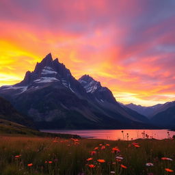 A serene landscape showcasing a breathtaking mountain range during sunset