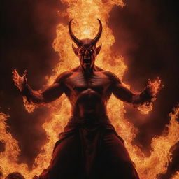 A beautiful, red Satan, surrounded by roaring flames. His hands reach for the sky as he looks upward in wonder or defiance. The sadistic scene is illuminated by the leaps of fire, casting dramatic light on his mesmerizing visage.