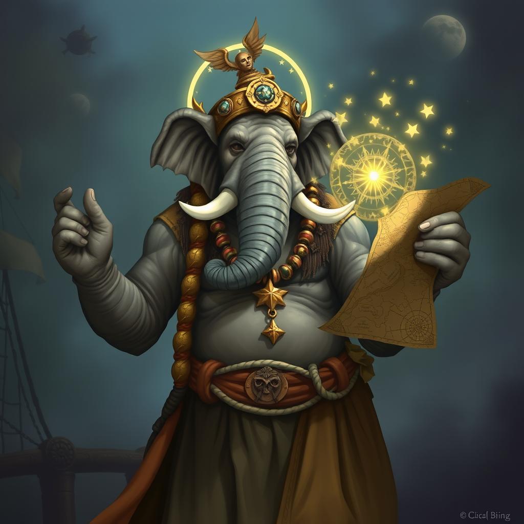 A seasoned sailor who is a bipedal Loxodon, an elephant-like humanoid from Dungeons and Dragons, depicted as a Circle of the Stars druid and navigator for a pirate ship crew