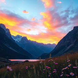 A serene landscape showcasing a breathtaking mountain range during sunset