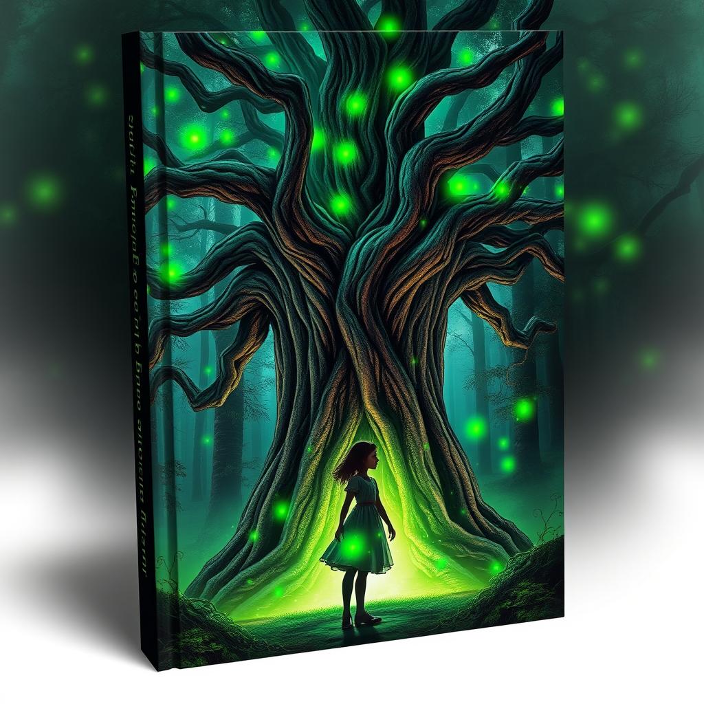 A fantasy book cover showing an ancient, large tree with vibrant, glowing green lights reflecting off a girl who is protectively standing in front of it