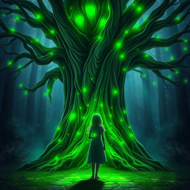 A fantasy book cover showing an ancient, large tree with vibrant, glowing green lights reflecting off a girl who is protectively standing in front of it