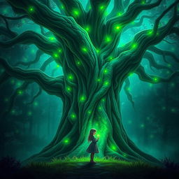 A fantasy book cover showing an ancient, large tree with vibrant, glowing green lights reflecting off a girl who is protectively standing in front of it