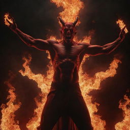 A beautiful, red Satan, surrounded by roaring flames. His hands reach for the sky as he looks upward in wonder or defiance. The sadistic scene is illuminated by the leaps of fire, casting dramatic light on his mesmerizing visage.