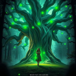 A fantasy book cover showing an ancient, large tree with vibrant, glowing green lights reflecting off a girl who is protectively standing in front of it